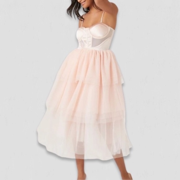 NWT Forever 21 Midi Corset Dress Satin Tiered Tulle Champagne/Blush Pink L - Picture 1 of 16